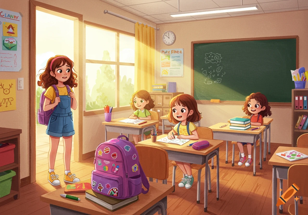 Cartoon of a young girl with a backpack arriving in a bright classroom, where other students are seated at desks. Sunlight streams through the windows.