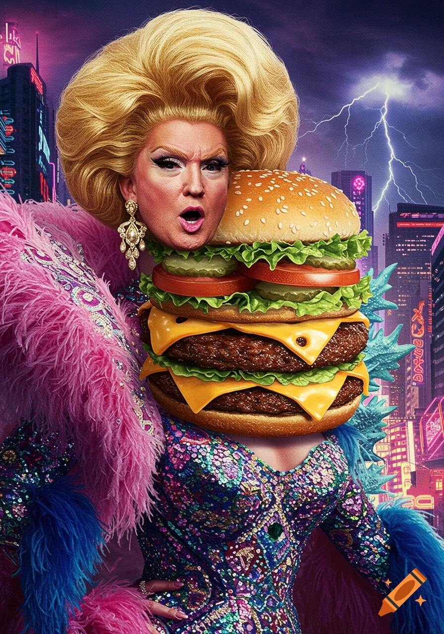 A flamboyant drag queen with Donald Trump's face, large blonde hair, and a double cheeseburger for a body, with Godzilla-like spines. She wears a sequined gown and a pink feathered boa, against a neon cyberpunk city with lightning.