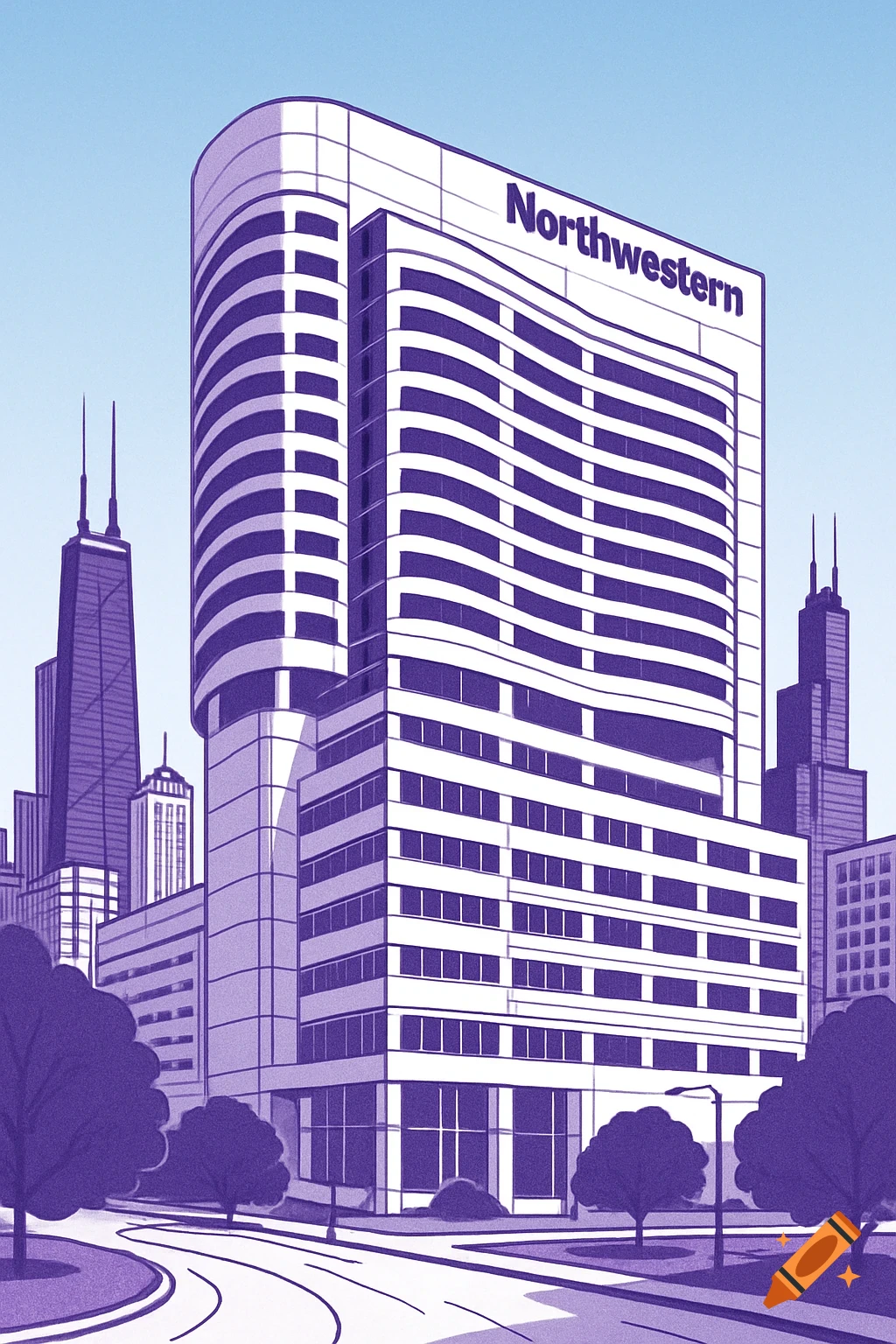 Vector illustration of the Northwestern building in Chicago, in purple and white.
