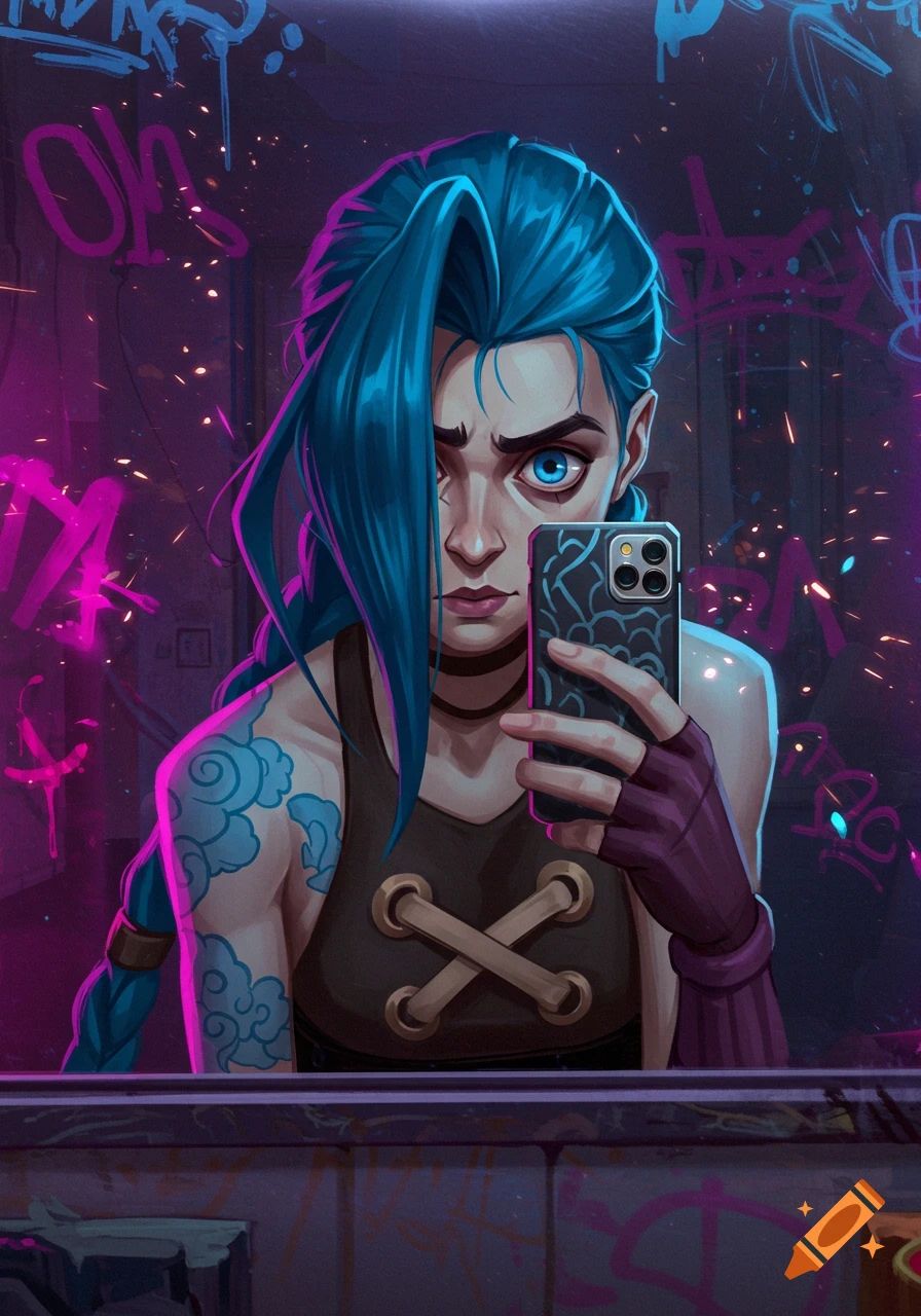 Jinx from Arcane takes a mirror selfie with a neutral expression, showing her blue braided hair, arm tattoo, and a phone against a graffiti-covered wall.