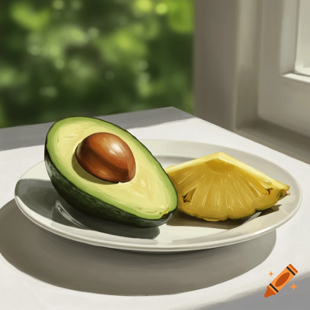 A photorealistic painting of a halved avocado with its pit and a slice of pineapple on a white plate by a window.