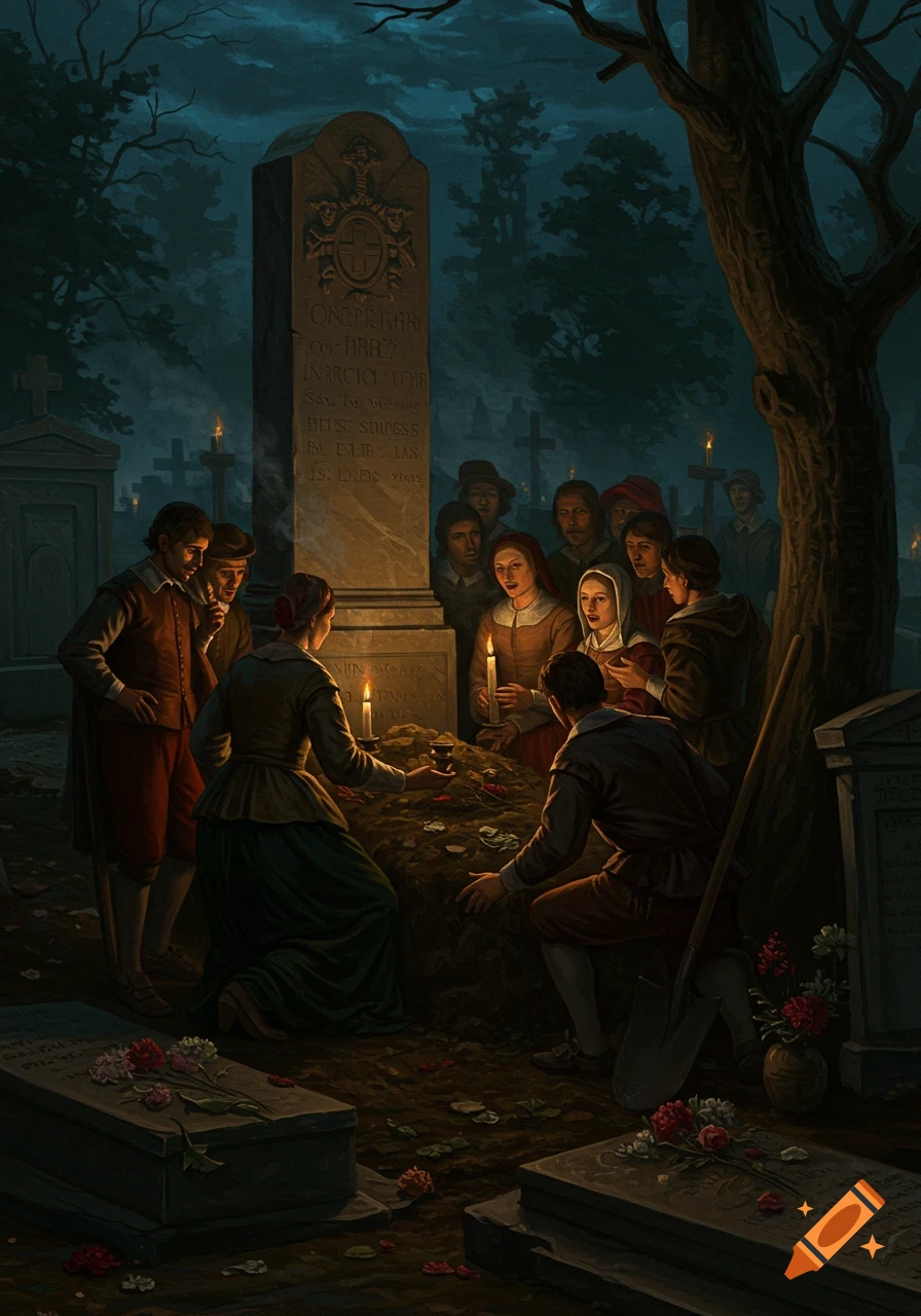 Painterly scene of people holding a candlelight vigil around a tombstone in a dark 17th-century cemetery, dramatic chiaroscuro.