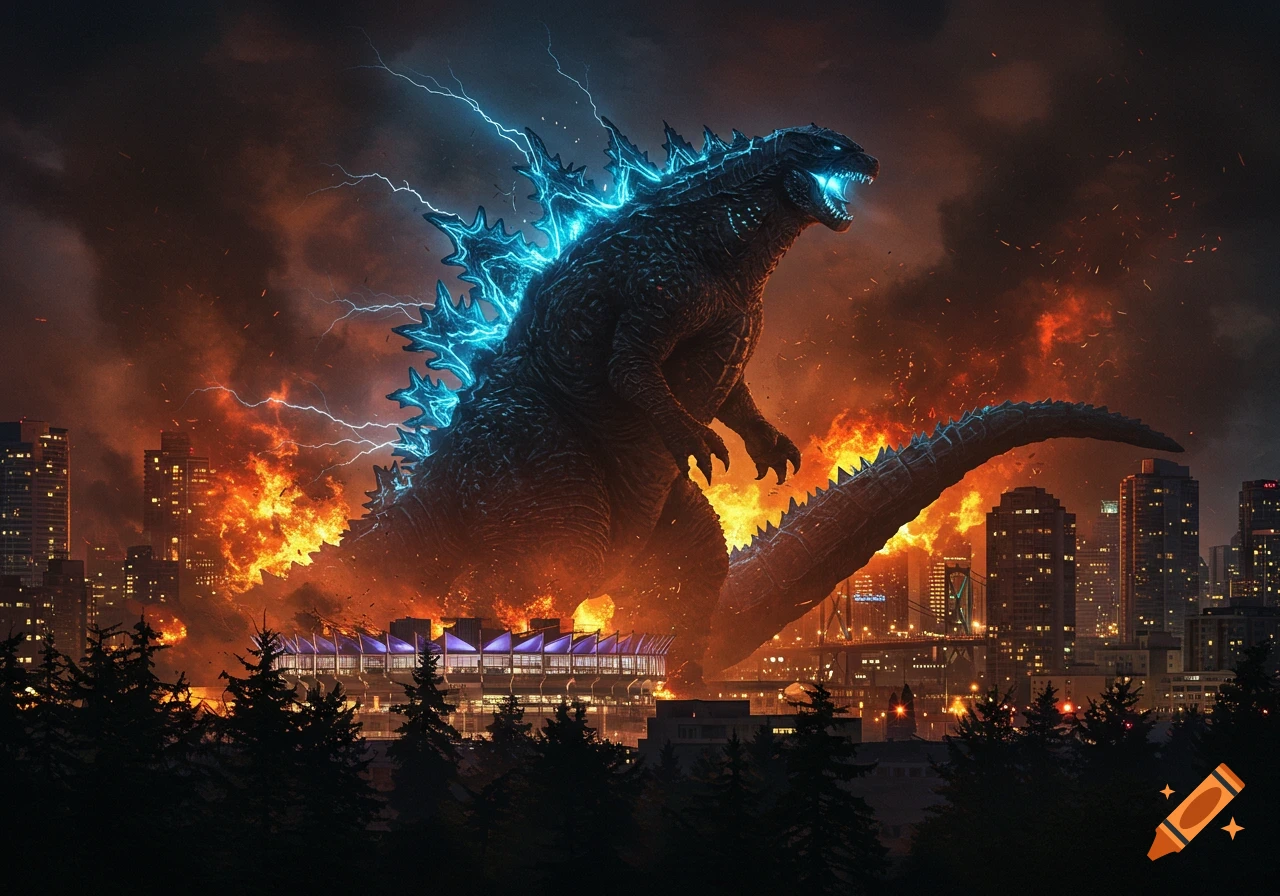 Godzilla, with glowing blue spines, roars in a city engulfed by fire and lightning at night, framed by dark trees.