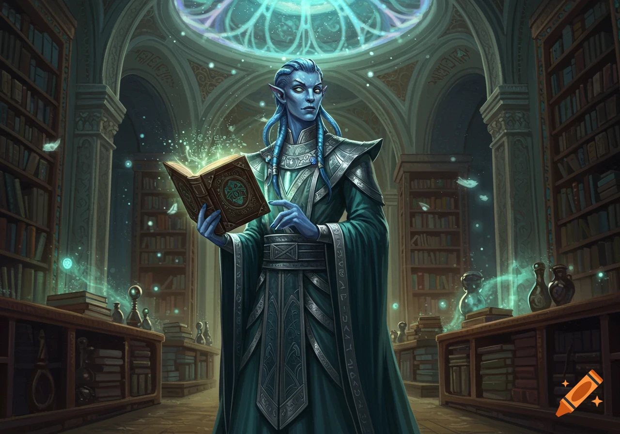 A blue-skinned Vedalken sorcerer in an ornate library holds a glowing magic book, surrounded by ethereal lights.