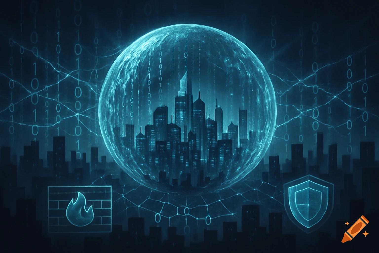 A stylized blue cityscape inside a glowing digital sphere, surrounded by binary code and network lines, with firewall and shield icons.