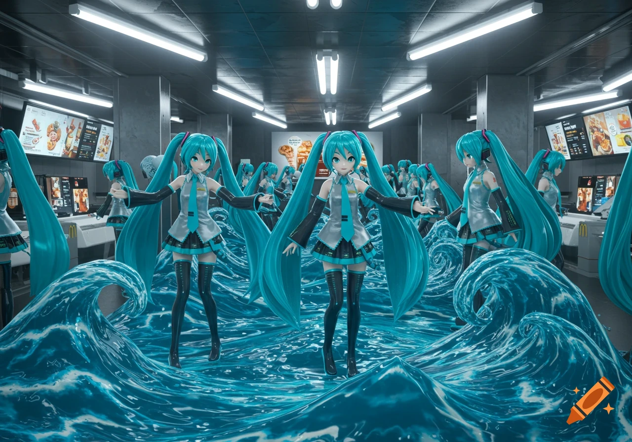 Many anime-style Hatsune Miku clones stand in a McDonald's restaurant, surrounded by large, vibrant blue waves.