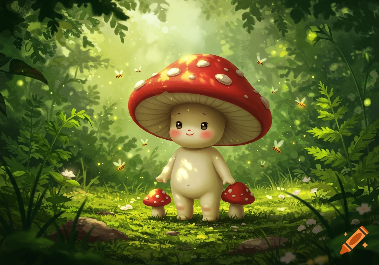A cute mushroom creature with a red cap stands in a vibrant, magical forest with glowing fireflies and smaller mushrooms.