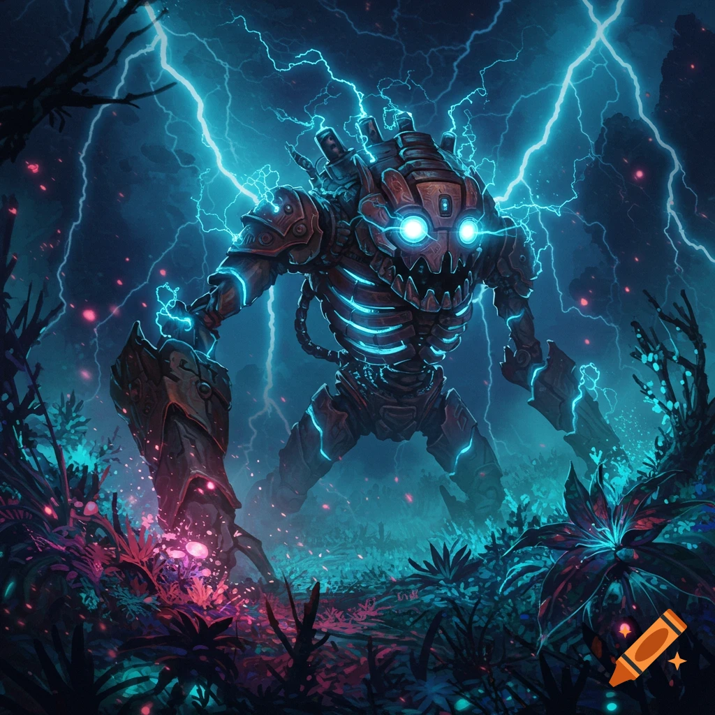A terrifying skeletal-like mechanical monster with glowing blue eyes, ribs, and lightning stands in a dark jungle.