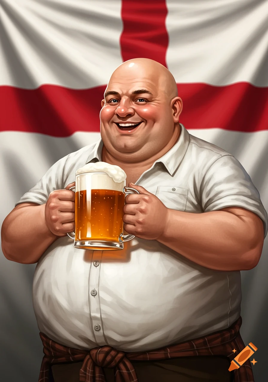 A smiling, bald, heavy-set man holds a frothy pint of beer against a waving England flag.