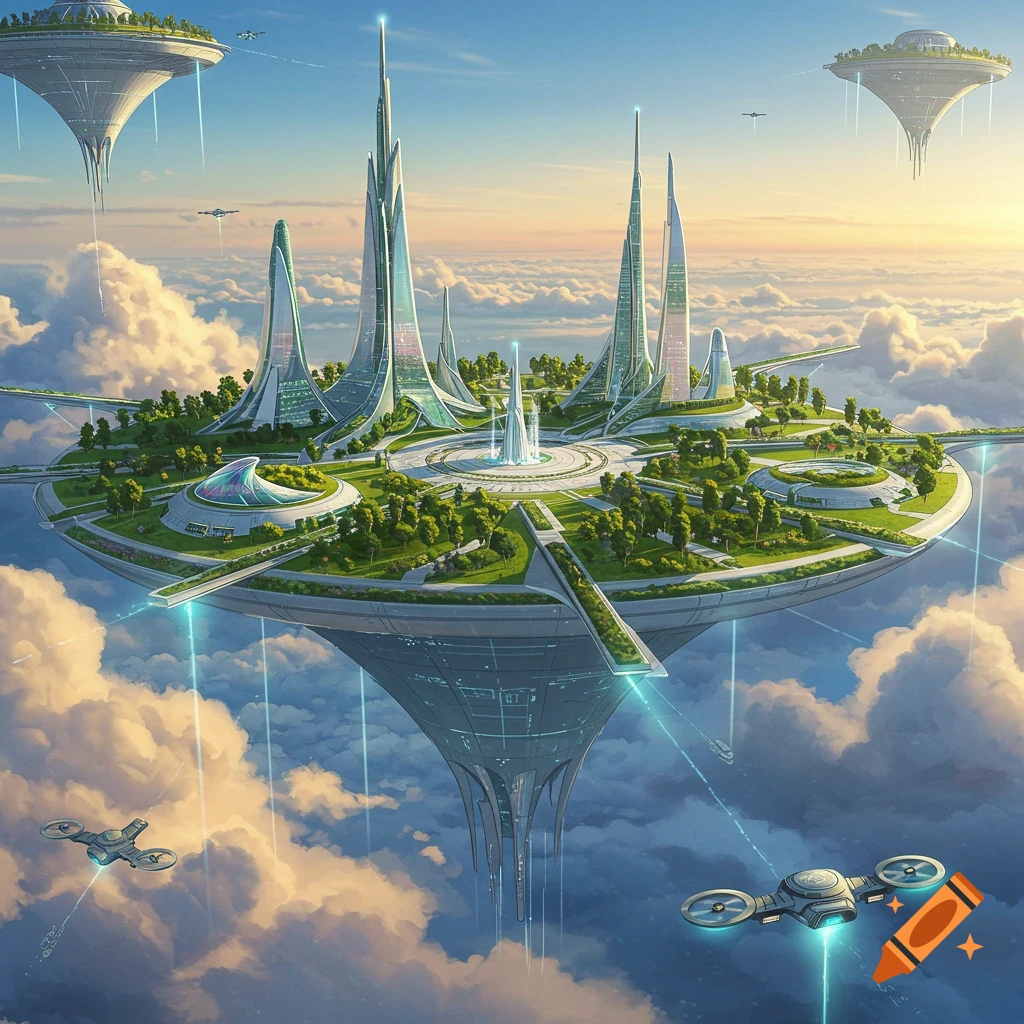 A vibrant, futuristic floating city with tall, sleek buildings, lush green parks, and drones flying above the clouds under a clear sky.