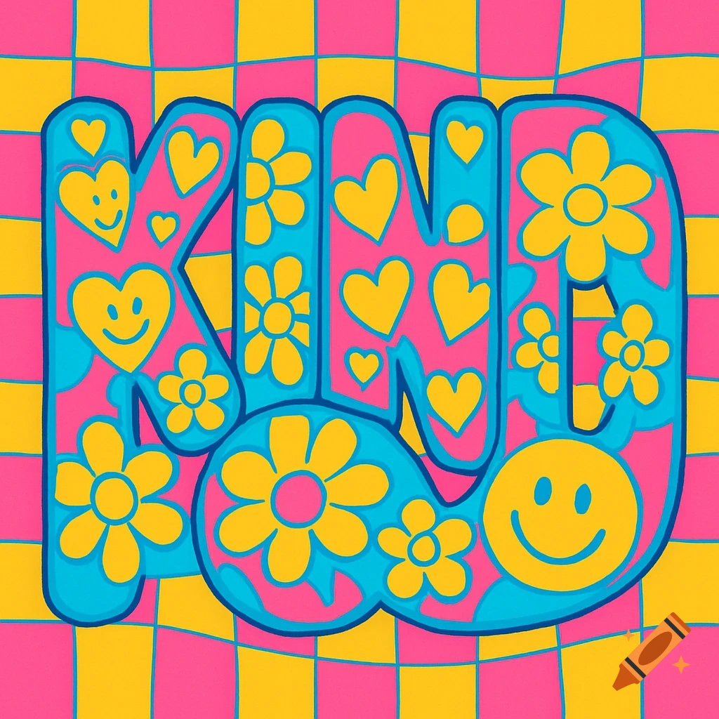 Brightly colored graphic art with the word 'KIND' in pink bubble letters filled with yellow hearts, flowers, and smiley faces, on a checkerboard background.
