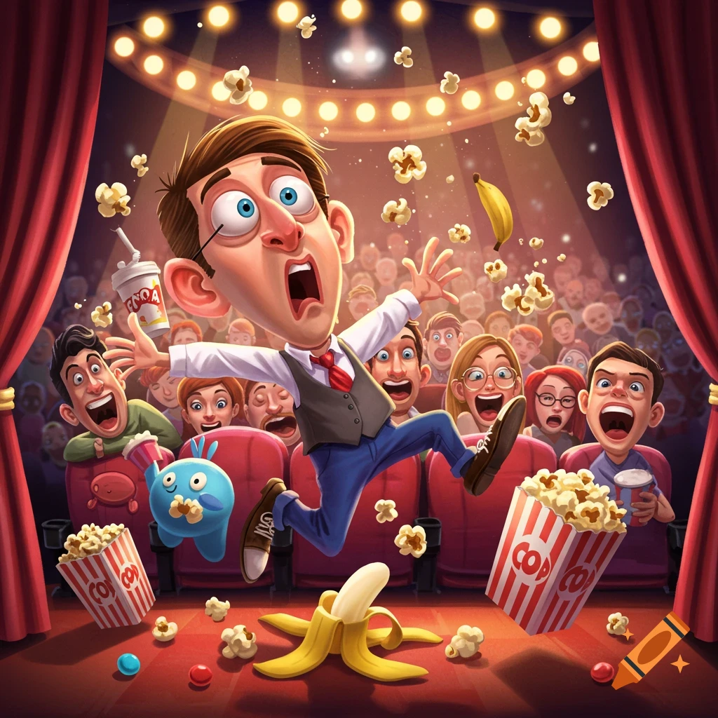 Exaggerated cartoon of a man jumping in fright in a movie theater, spilling popcorn and a banana, as other patrons react.