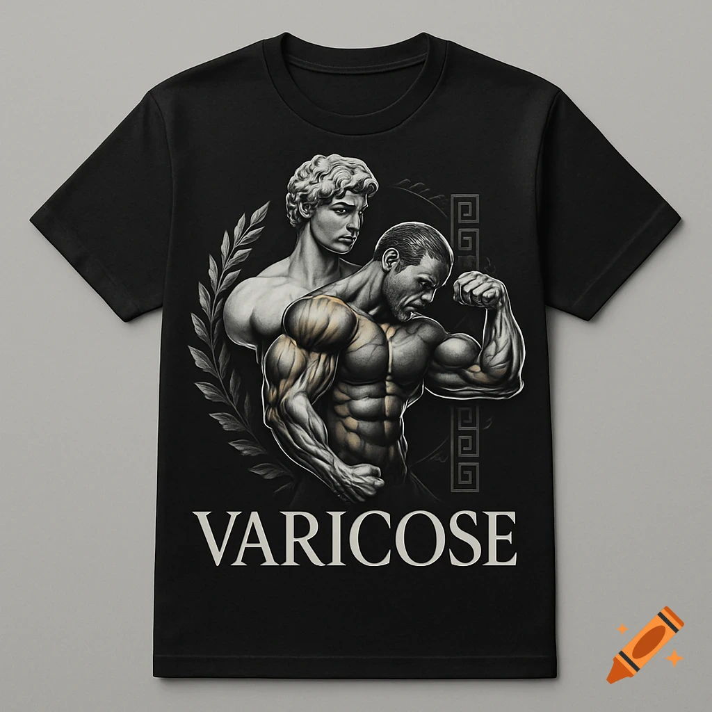 Black t-shirt with a graphic design featuring a classical Greek statue and a muscular bodybuilder, above the word VARICOSE.