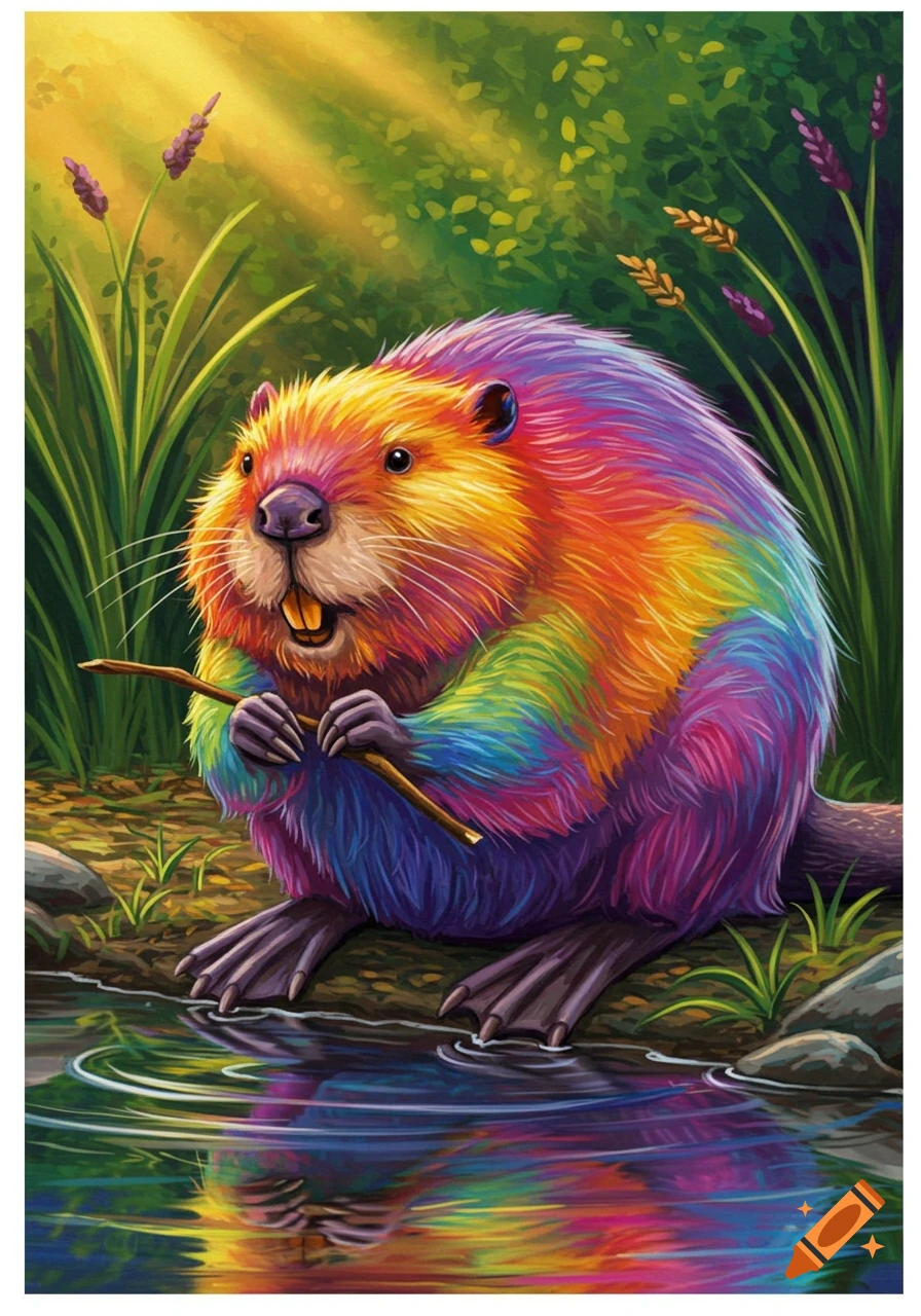 A vibrantly colored rainbow beaver sits by a stream, holding a stick, in an illustrative style.