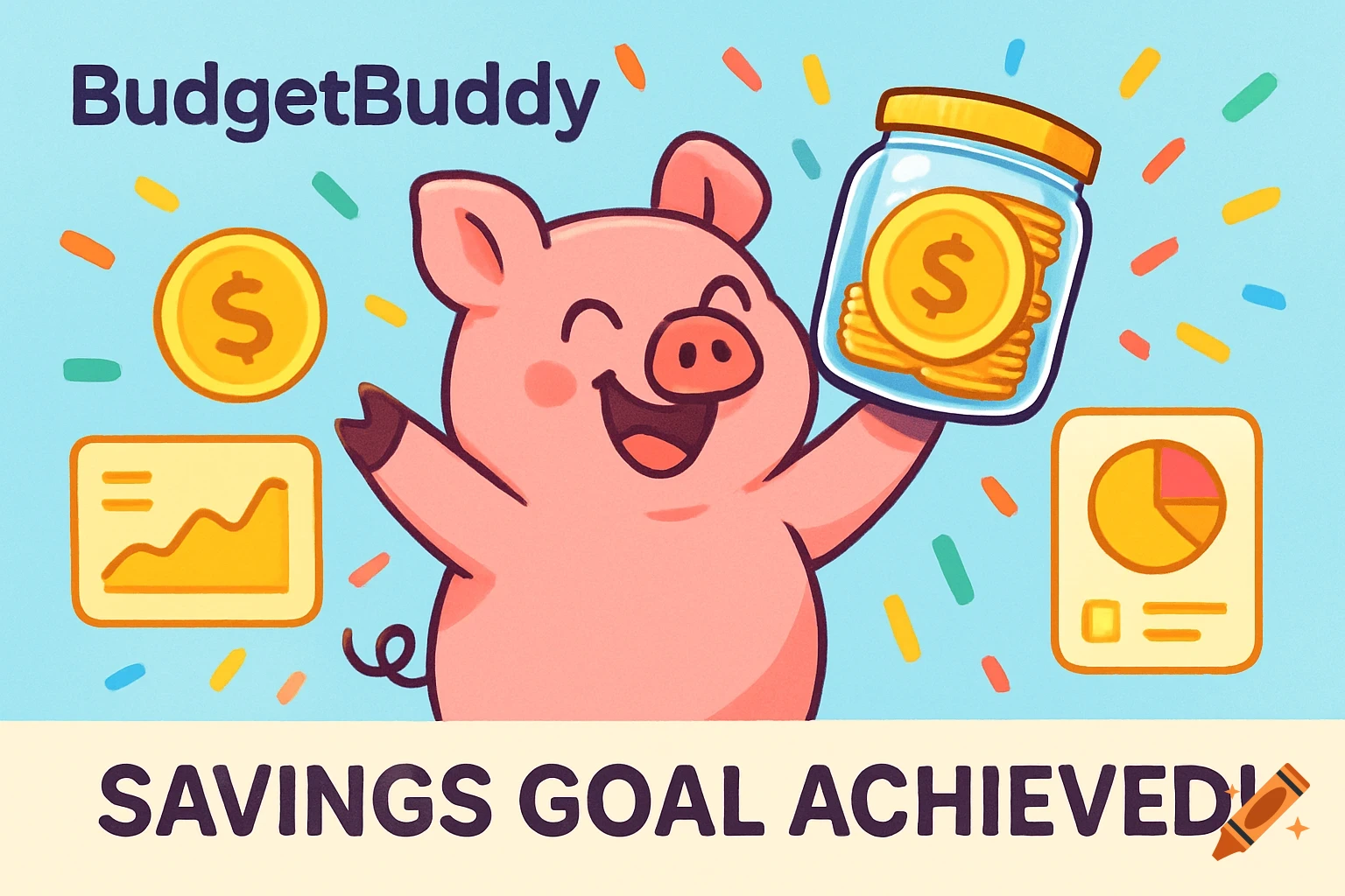 A happy cartoon pig celebrates with a jar of gold coins, "BudgetBuddy" text, and "SAVINGS GOAL ACHIEVED!" on a light blue background.