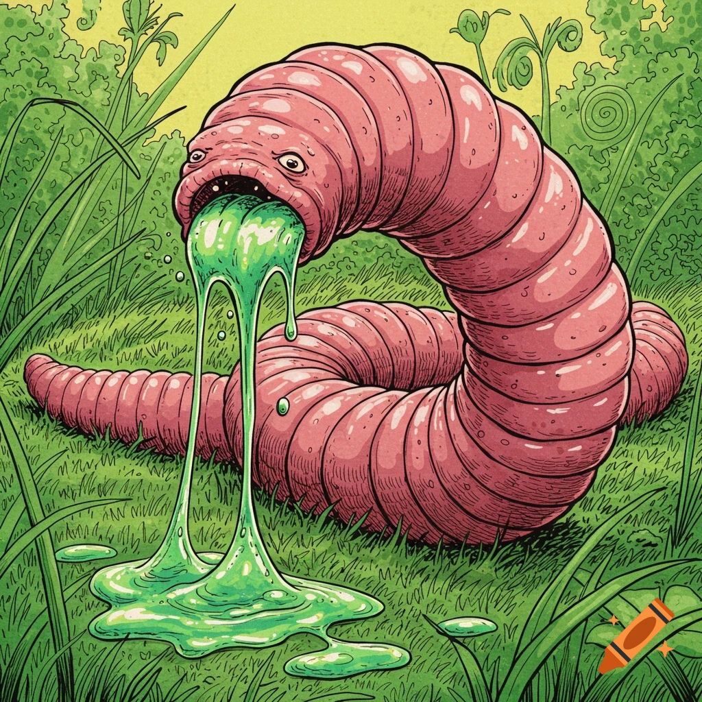 Giant pink earthworm with a grotesque face spews green slime on grass, in a gritty, cartoon style.