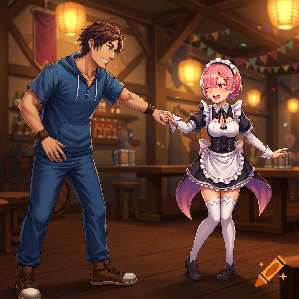 An anime illustration of a man in a blue hoodie holding hands with a pink-haired woman in a maid outfit, dancing in a rustic tavern.