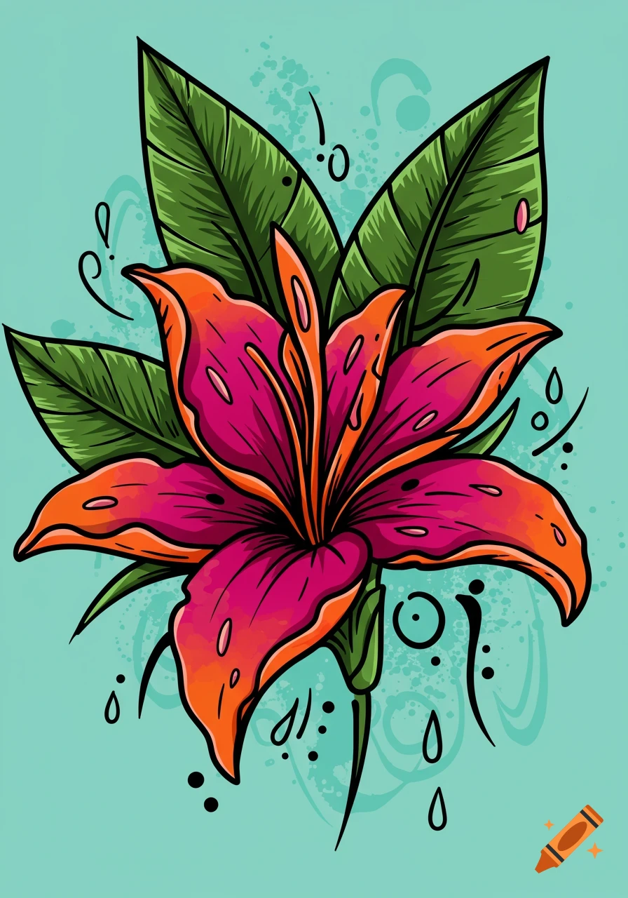 A vibrant, stylized tropical flower with pink and orange petals, green leaves, and decorative splatters on a light blue background.
