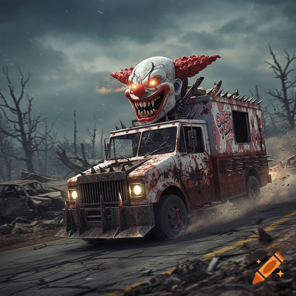 A menacing, blood-splattered ice cream truck with a giant, terrifying clown head on top, speeding through a desolate, stormy landscape.