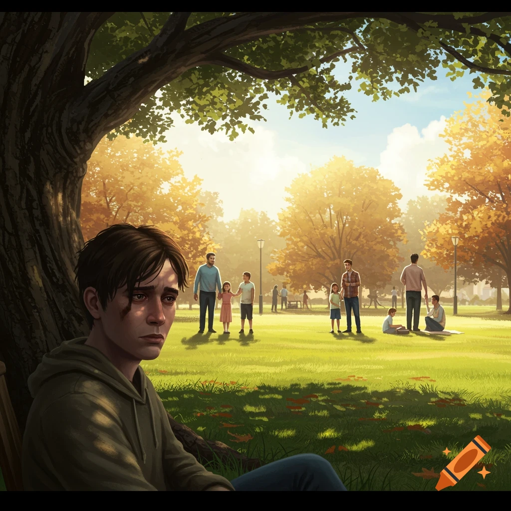 A sad young person sits alone under a tree, observing happy families in a sunlit park. Digital illustration style.