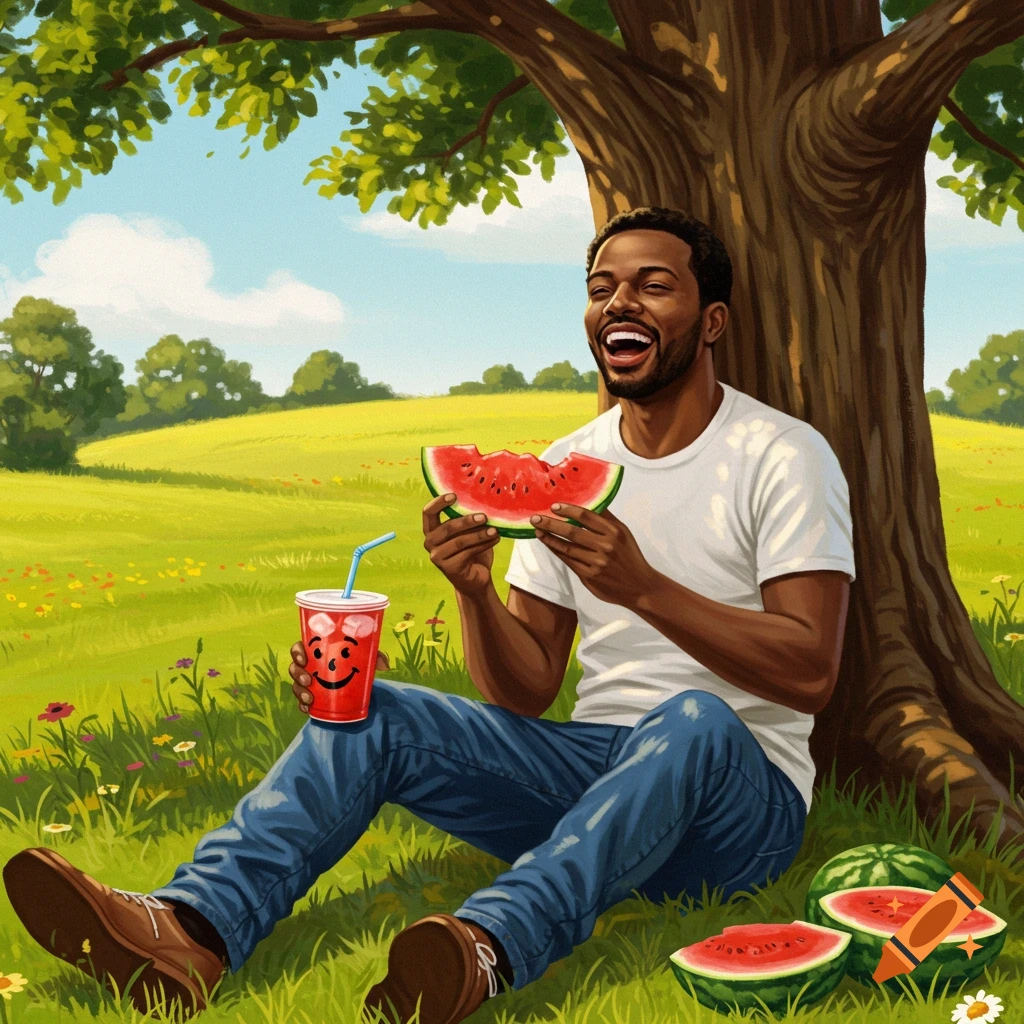 A man in a white t-shirt and jeans sits under a tree in a sunny field, laughing while holding a bitten watermelon slice and a red cup with the Kool-Aid man's face.