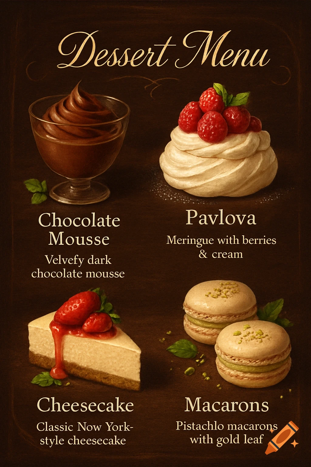 A dark brown dessert menu featuring chocolate mousse, pavlova with raspberries, cheesecake with strawberries, and pistachio macarons.