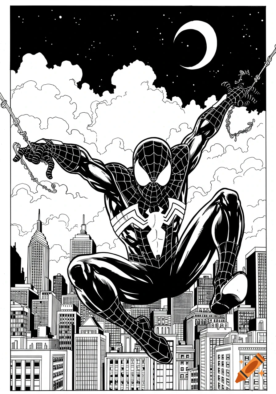 Black and white comic art of Symbiote Spider-Man swinging through a city at night with a crescent moon.