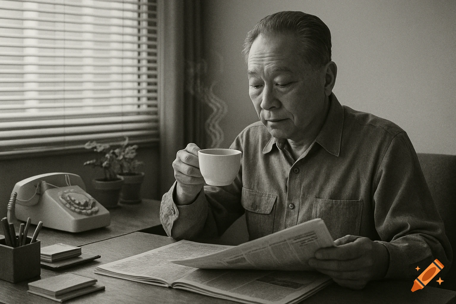 Black and white photo of an older Chinese man drinking tea and reading a newspaper at an office desk in 1980s style.