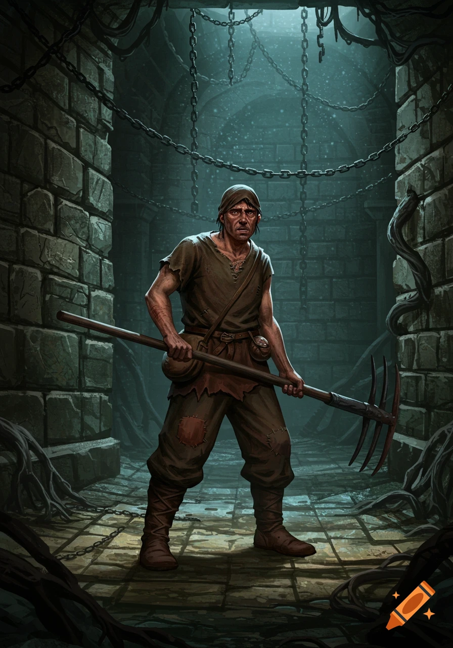 A grim fantasy peasant with a pitchfork stands in a dark stone dungeon, digital painting.