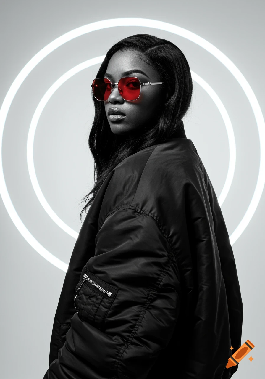 A confident woman in a black bomber jacket and red-lensed sunglasses looks over her shoulder, with glowing white rings behind her in a high-contrast black and white studio portrait.