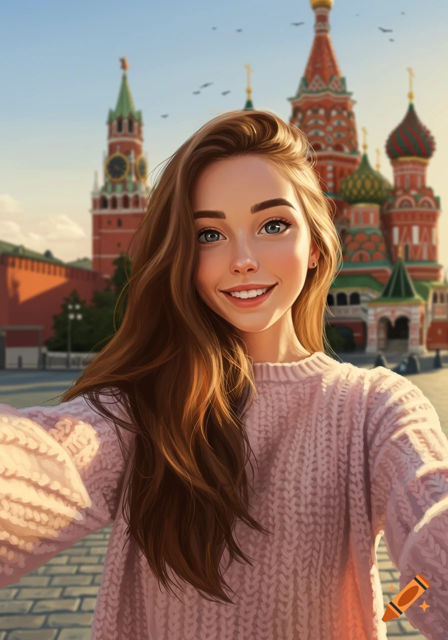 Digital art portrait of a smiling young woman taking a selfie in front of St. Basil's Cathedral.