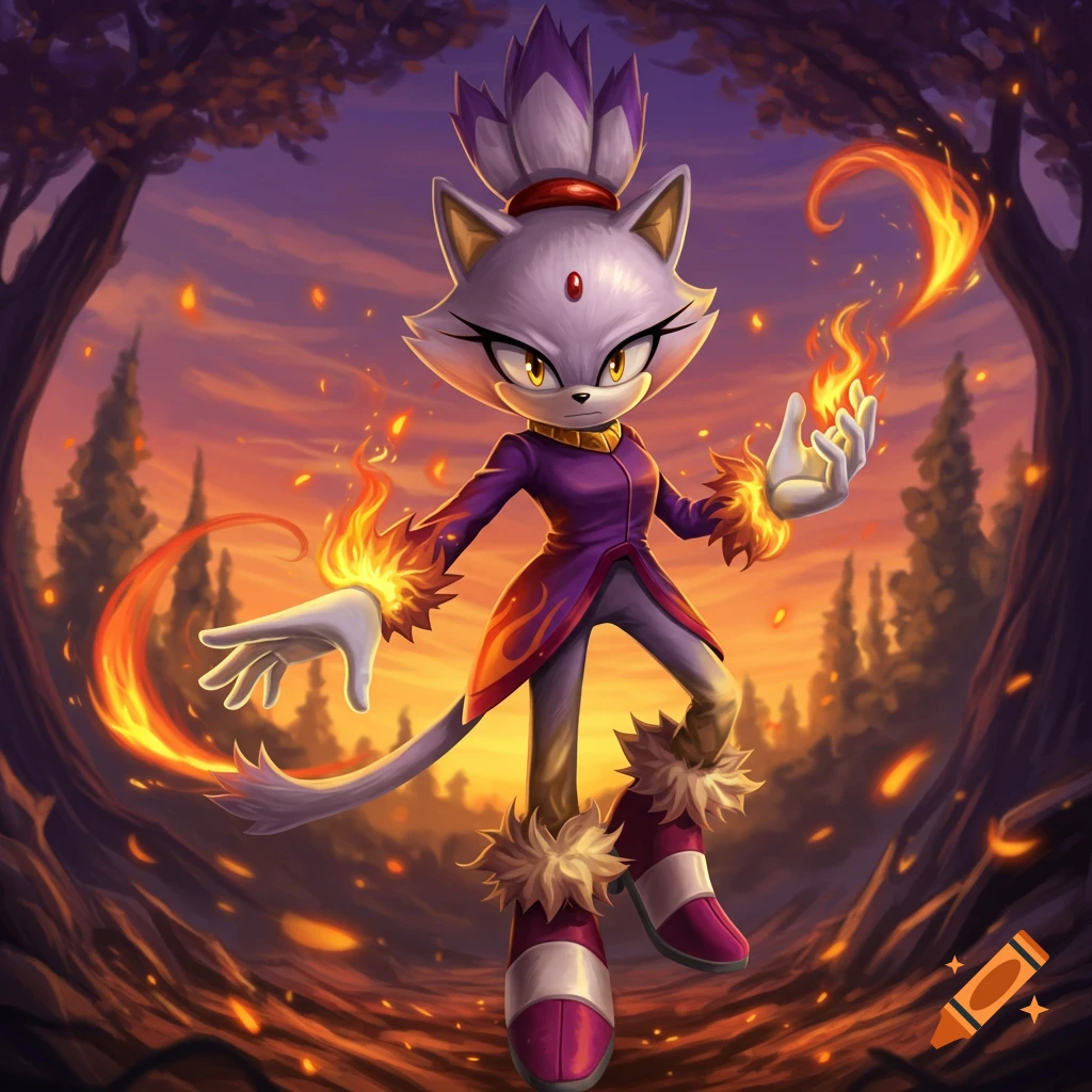 Blaze the Cat, a lavender feline, stands in a fiery forest at sunset, casting flames from her hands in an illustrated style.