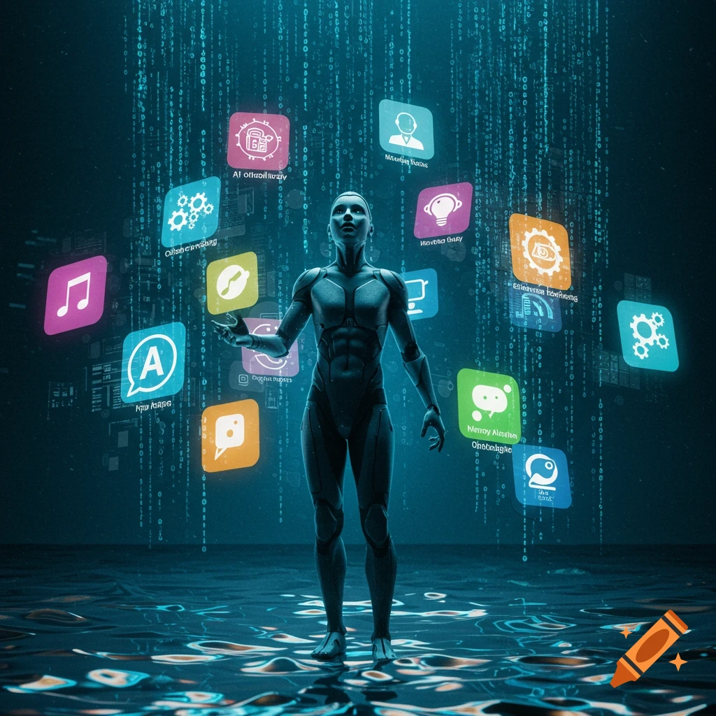 A humanoid AI robot stands amidst falling binary code and glowing app icons, with a reflective, rippling floor below.