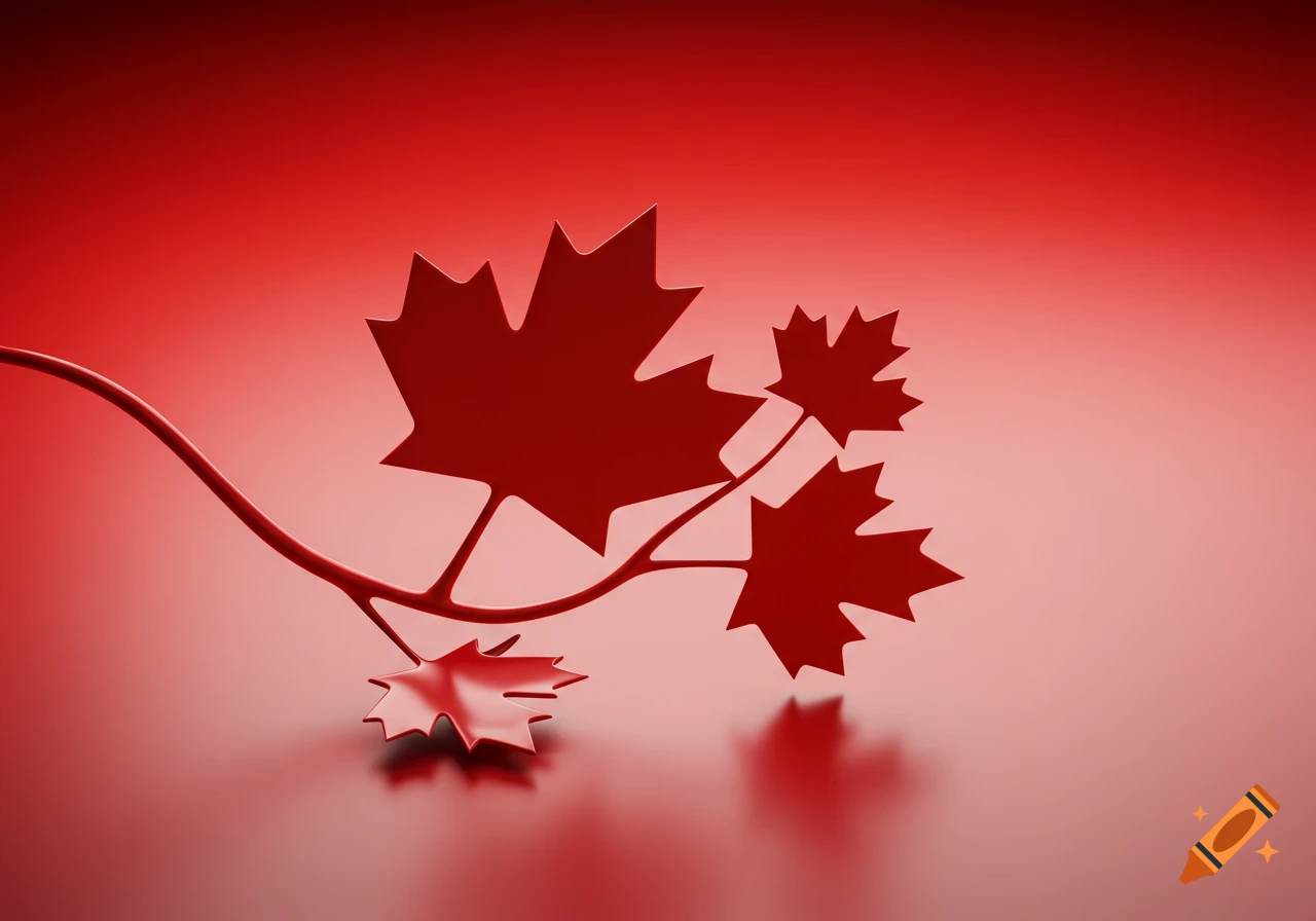 Stylized red maple leaves on a branch, illuminated against a gradient red background.