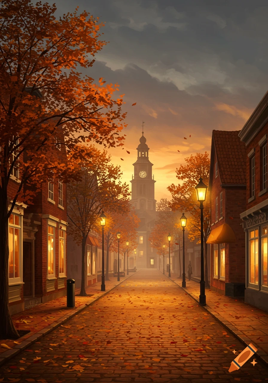 A cobblestone street lined with brick buildings and autumn trees under an overcast evening sky, leading to a clock tower.