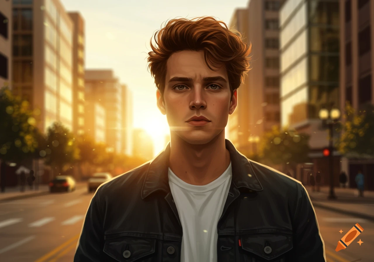 A digitally drawn portrait of a young man with brown hair, wearing a black jacket and white t-shirt, standing on a city street during golden hour.