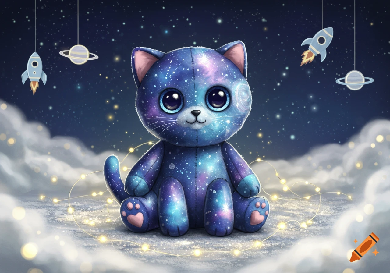 A cute galaxy cat plushie with big eyes sits on glowing clouds under a starry night sky with hanging rockets and planets.
