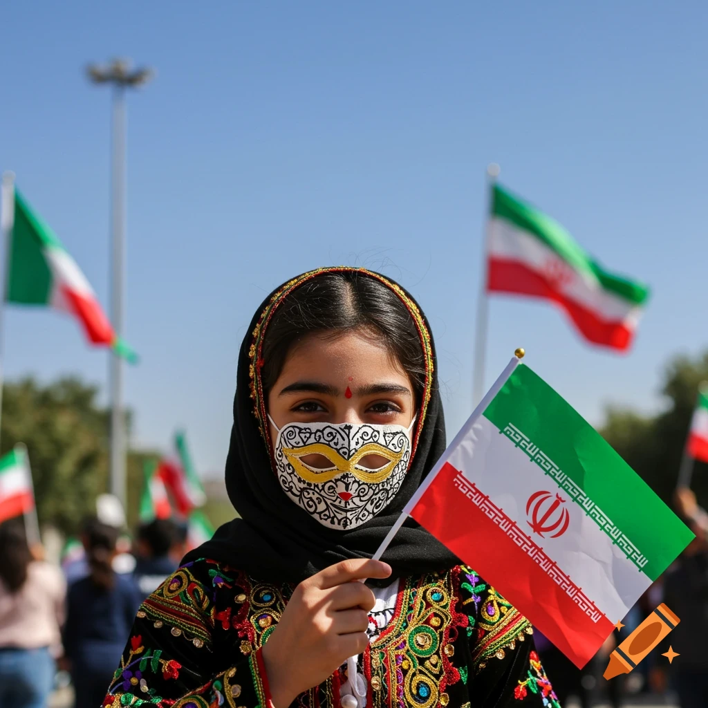 A photorealistic close-up of an Iranian girl wearing a traditional dress and mask, holding an Iranian flag.