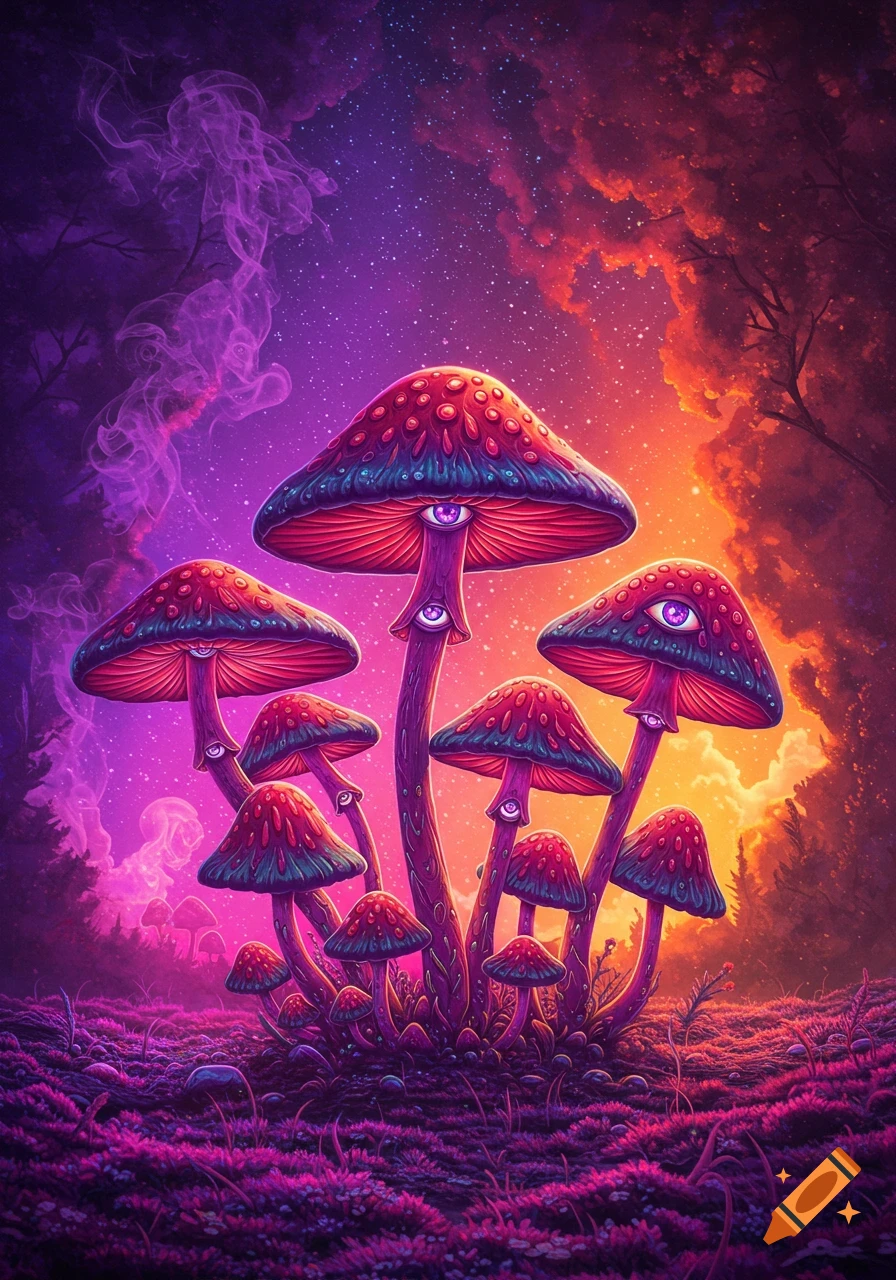 Vibrant psychedelic mushrooms with eyes glow under a starry, trippy purple and orange sky in a fantastical landscape.