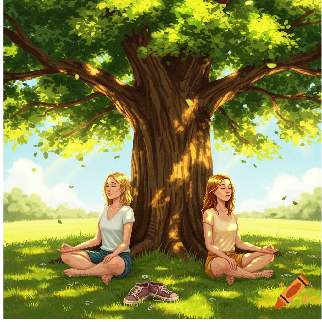 Two women meditate barefoot under a large, leafy tree in a sunny, green field. Illustration style.
