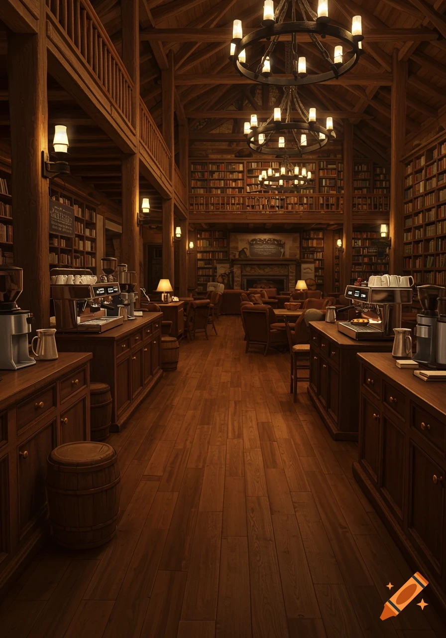 Rustic lodge cafe with high wooden ceilings, chandeliers, barista stations, and tall bookshelves lining the walls.