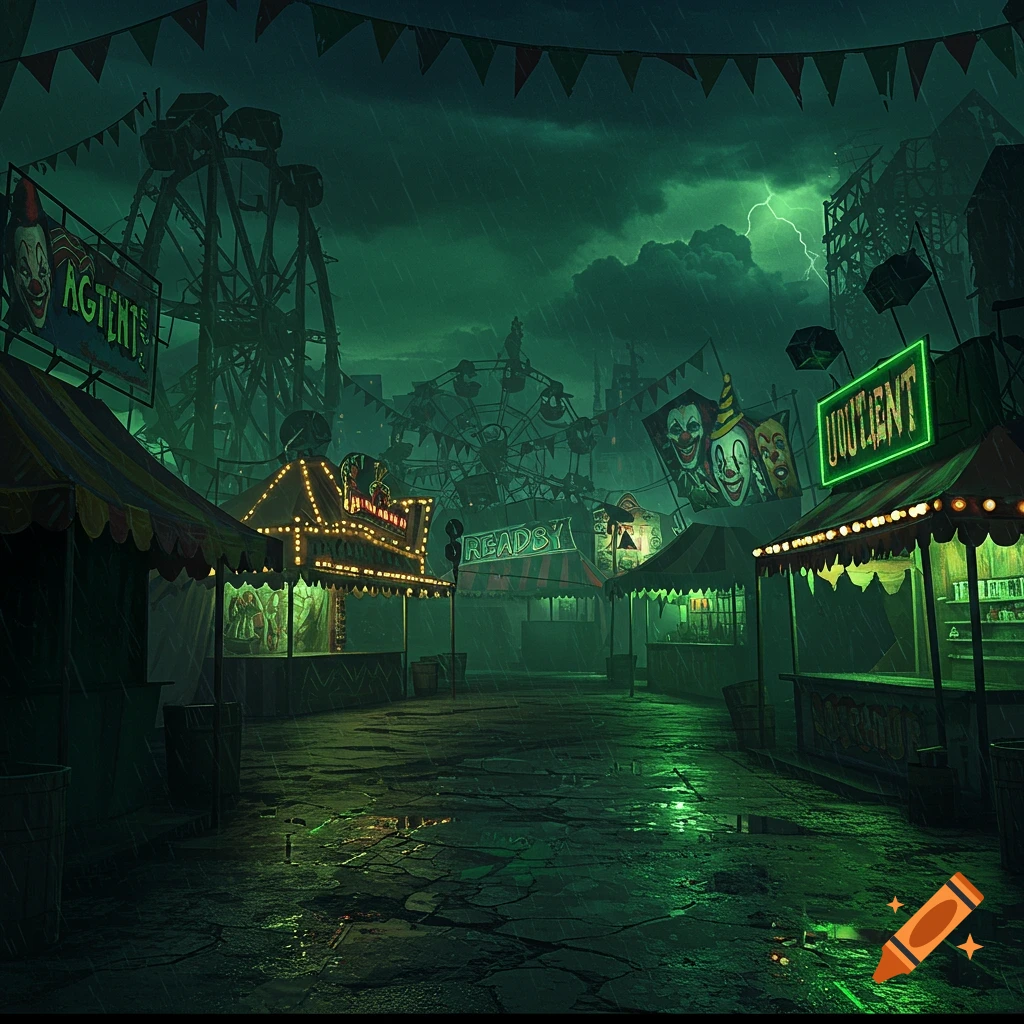 A dark, eerie, rainy amusement park at night with Ferris wheels, carnival stalls, and lightning in the sky.