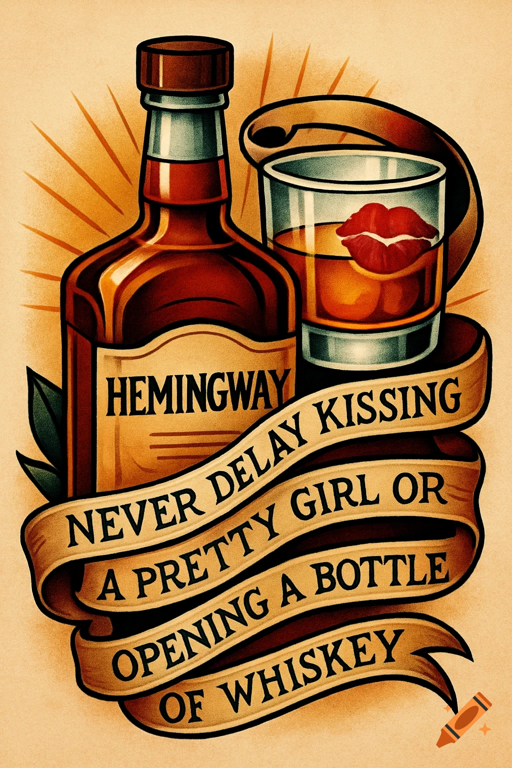 Traditional tattoo art featuring a whiskey bottle and glass with a red kiss mark, framed by a scroll with a Hemingway quote.