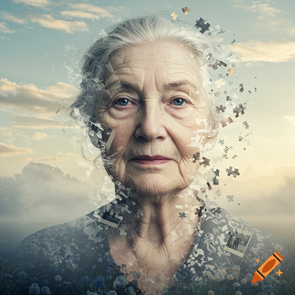 Close-up of an elderly woman's face dissolving into puzzle pieces and old photos, against a hazy landscape.