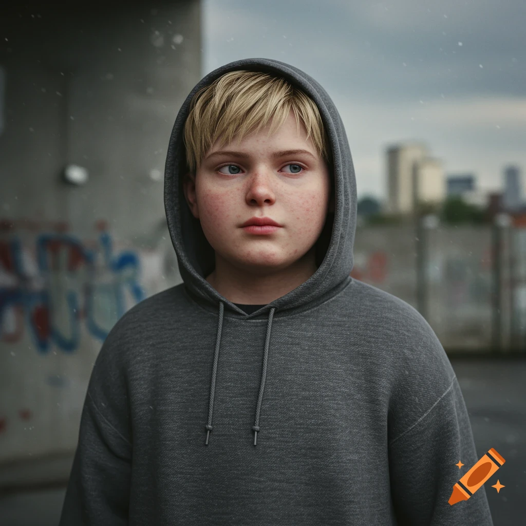 Photorealistic portrait of a blonde child with freckles wearing a grey hoodie, looking to the side in an urban setting with graffiti.