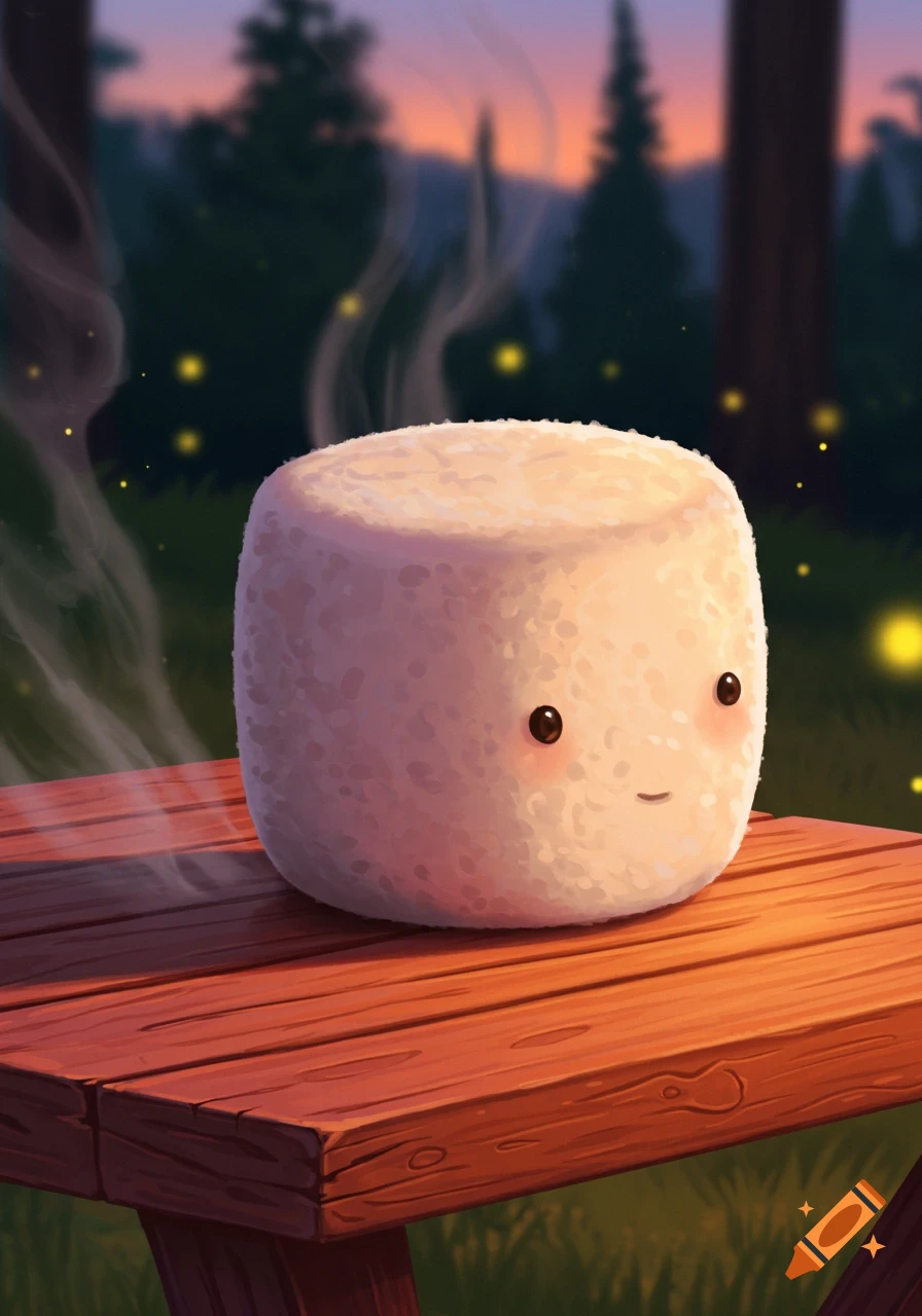 A cute, smiling marshmallow character sitting on a wooden table in a forest at dusk, with fireflies and smoke rising.