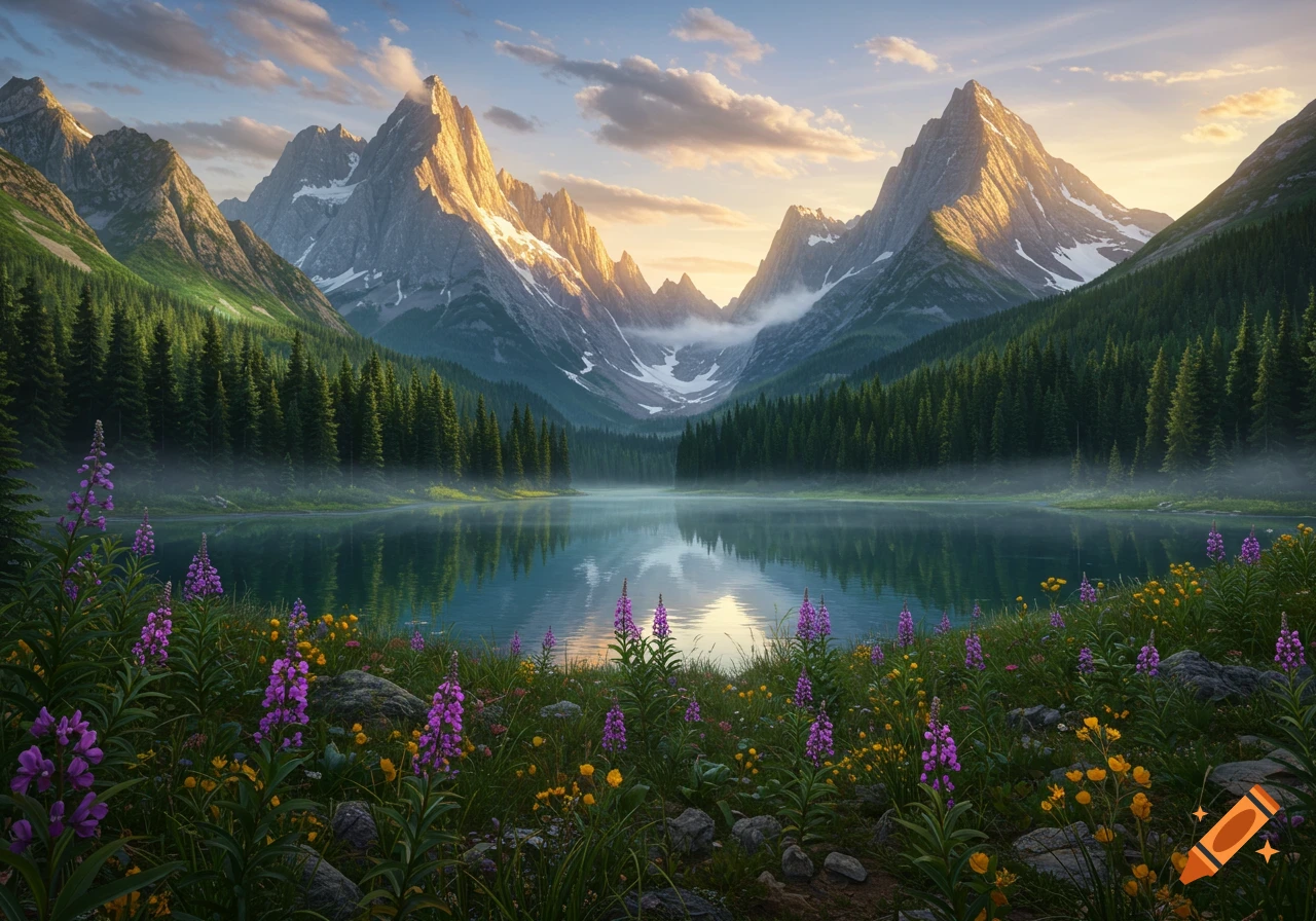 A serene mountain landscape with snow-capped peaks reflecting in a calm lake, surrounded by pine forests and purple wildflowers at sunrise.