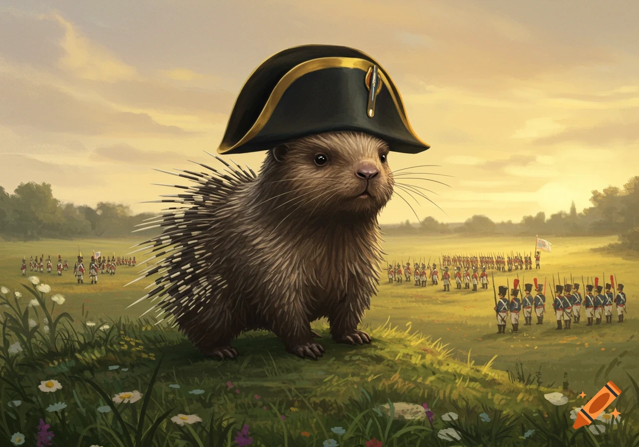 A cute porcupine wearing a Napoleon hat on a grassy hill overlooks miniature soldiers marching on a battlefield.