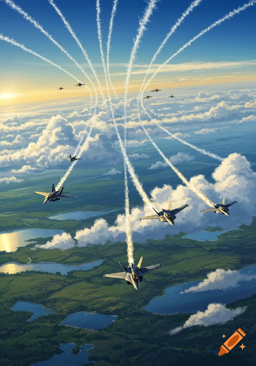 Illustration of several military jets flying in formation across a cloudy sky, leaving white contrails over a green landscape with lakes at sunset.