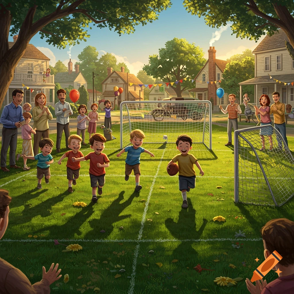 Kids playing football on a grassy field in a small town neighborhood, with families cheering. Digital illustration.
